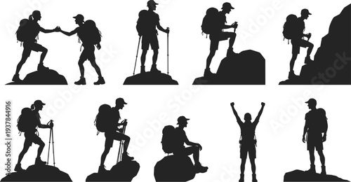 Set of hiking and climbing silhouettes isolated on light background, detailed black vector illustration collection featuring backpackers trekking, climbing rocks, and celebrating mountain adventure.