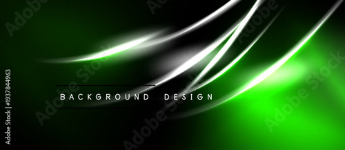Abstract green background features silver lines. Modern design with dynamic light effects. Simple, elegant presentation.