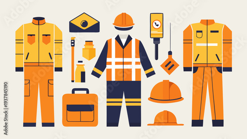 Set of Personal Protective Equipment (PPE) and High-Visibility Work Uniforms for Industrial Safety.eps
