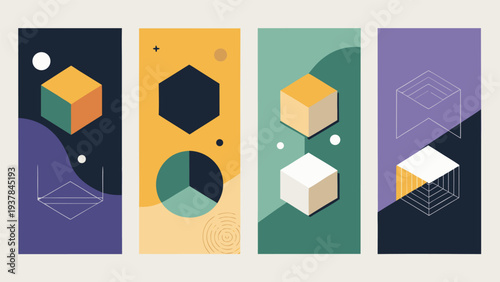 Set of artistic abstract universal card templates with simple geometric shapes and hand-drawn doodle textures for social media, web banners, and covers..eps