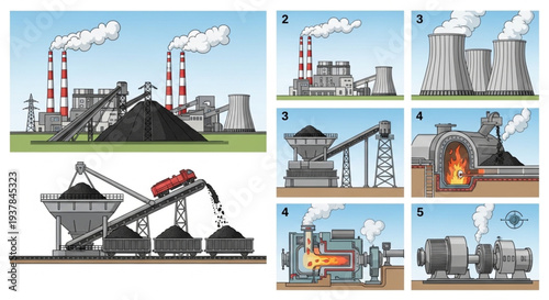 Industrial power plant complex with coal processing and steam generation.