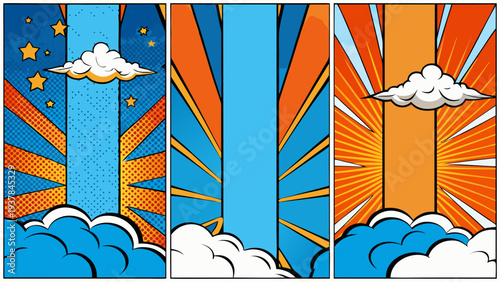 Set of Vertical Comic Book Story Templates with Blue and Orange Rays.eps