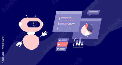 Ai data analysis, search information concept. Artificial intelligence robot sorting displaying information. Chat bot help analyzing database. Input output data, infographic, charts vector illustration