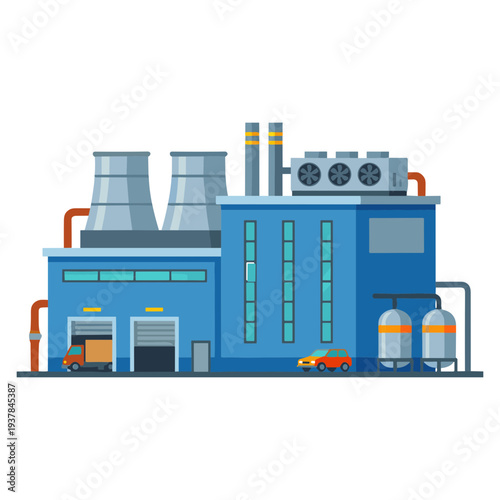 An industrial factory with smokestacks and machinery operates near a road.