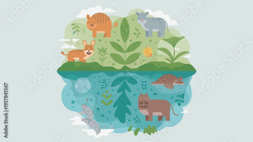 An illustration of animals and plants living in harmony on land and in water in a whimsical ecosystem