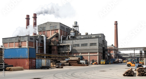 Industrial Factory Building with Smoke Emitting from Chimneys.