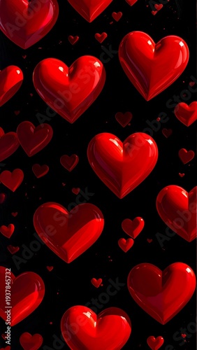 A black background with multiple red shiny hearts of various sizes