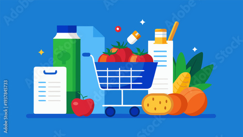 Supermarket customer checking paper receipt with full shopping cart.eps