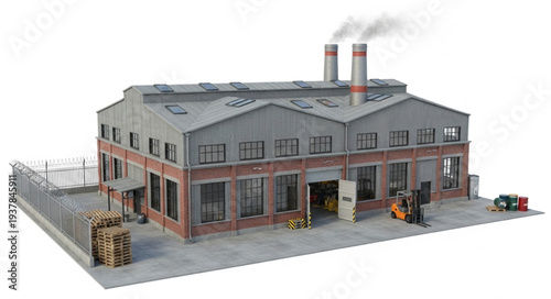 Industrial factory building with smoking chimneys and forklift.