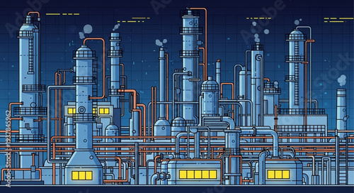 Industrial Chemical Plant with Tall Towers and Pipes.