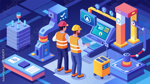 Technicians detecting errors in automated machine monitoring system.eps