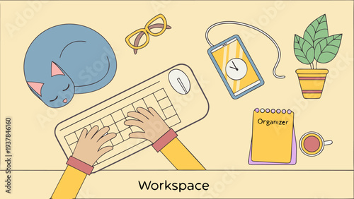 Top view of person working remotely with pet cat and smartphone.eps