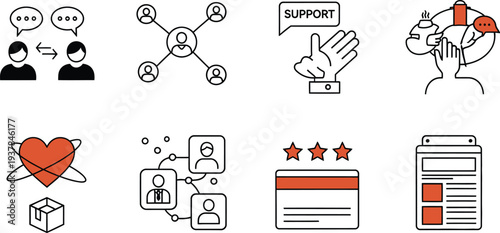 Collection of simple icons illustrating concepts related to customer support, social networking, communication,.