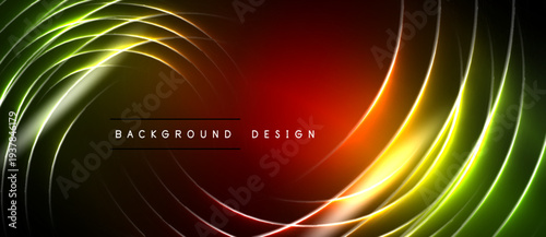 Abstract design features vibrant swirling lines. Colors blend from green, yellow, orange, red, creating dynamic visual effect. Dark background enhances luminosity.
