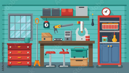 Vector Illustration of a Mechanic Workshop with Hand Tools and Storage.eps