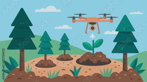 An orange drone flies over a small plant growing in a patch of dirt surrounded by trees and green hills under a blue sky with clouds.