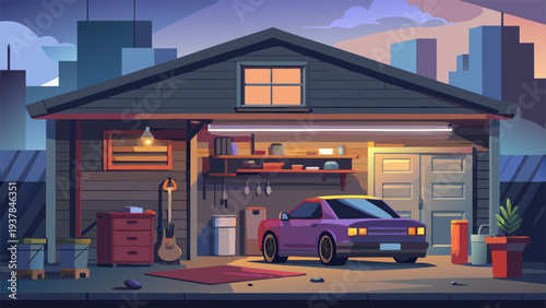 Vector Illustration of a Modern Home Garage and DIY Workspace at Night.eps