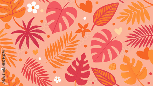Vector seamless pattern in simple floral wavy and groovy naive style, orange flowers and tropical leaves on pink background.eps