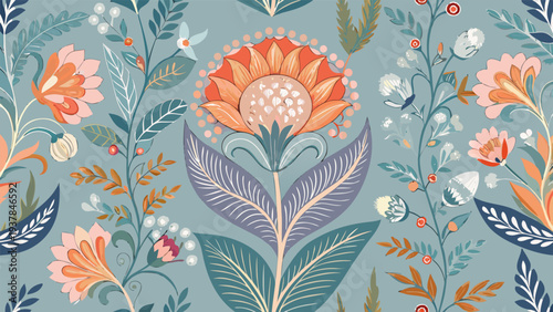 Vibrant boho floral seamless pattern with paisley border on blue background.eps