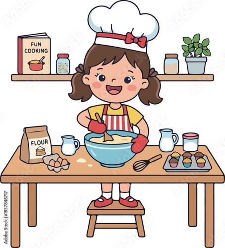 Kid chef cooking in pot role play cartoon illustration