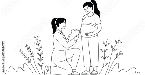 Pregnant Woman and Partner Sharing Moment with Book Outdoors Minimalist Line Art