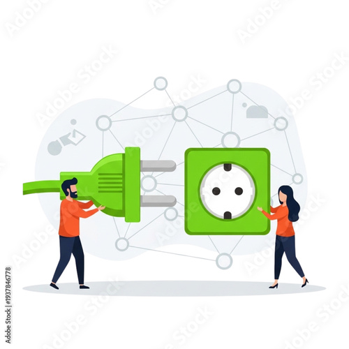 Man and woman connecting green plug into electrical socket with network background