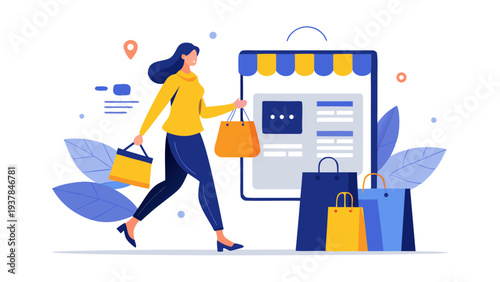 Woman carrying shopping bags near smartphone.eps