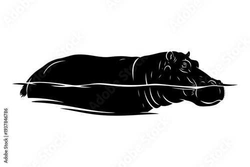 Black silhouette of a hippopotamus swimming and half submerged in water, vector illustration isolated on transparent background

