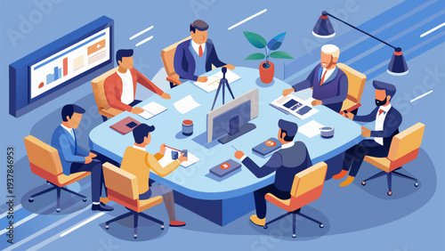 Isometric television news studio filming with business presenters.eps