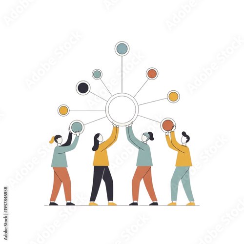 Four people holding up a large circle with smaller circles connected to it