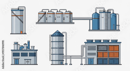 Industrial factory buildings and storage tanks illustration.
