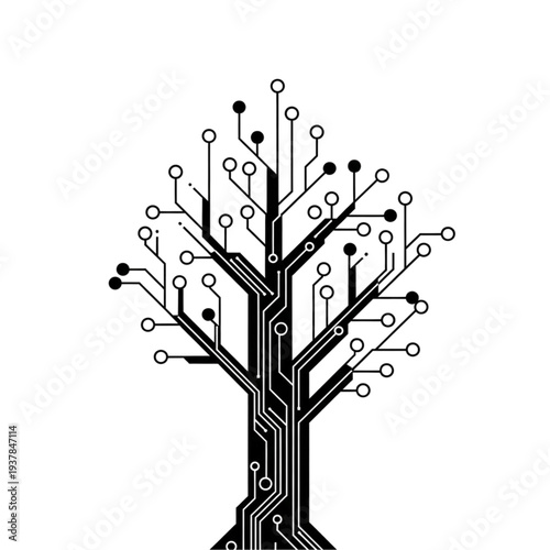 Circuit board tree with electronic components and wiring diagram isolated on white background