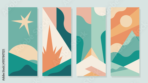 Minimalist watercolor poster with colorful geometric figures on white.eps