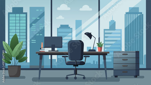 Minimalist Workplace with Desk, Computer Monitor, and Potted Plant.eps