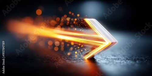 Glowing orange arrow streaks forward with motion blur and bokeh lights