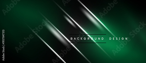 Dark green abstract background. Silver lines create dynamic visual effect. Text reads background design. Modern, sleek presentation.