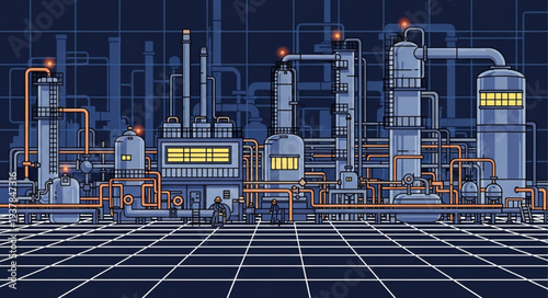 Modern industrial factory complex with intricate pipe systems and glowing lights.