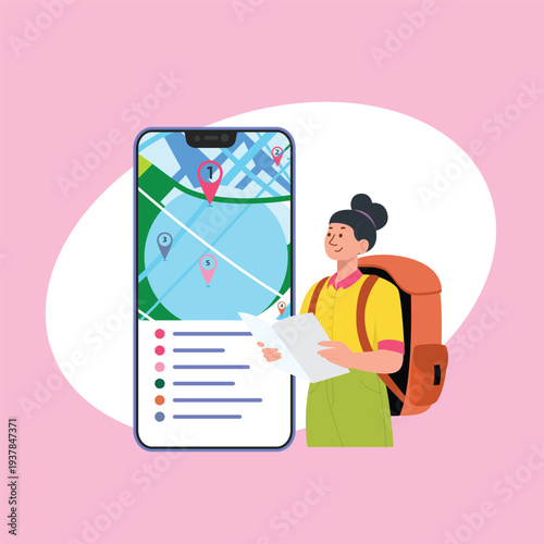 Woman Navigating with Paper Map and Digital Phone Display