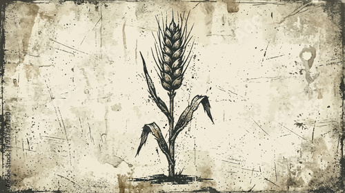 Vintage Wheat Stalk Drawing on Textured Background