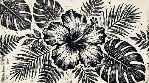 Black and white hibiscus flower with tropical leaves, linocut style