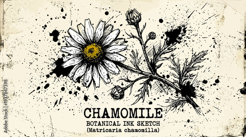Chamomile botanical ink sketch with ink splatters on grunge background