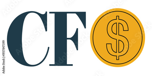 A graphic illustration featuring the letters 'CF' in dark blue next to a golden coin with a dollar sign, symbolizing finance or cash flow.