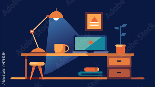 Modern minimalist study desk with computer and books illustration.eps