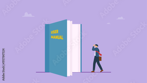 User manual concept. Businessman with guide instruction or textbooks.