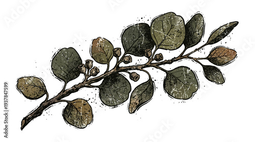 Eucalyptus branch illustration with textured leaves and buds