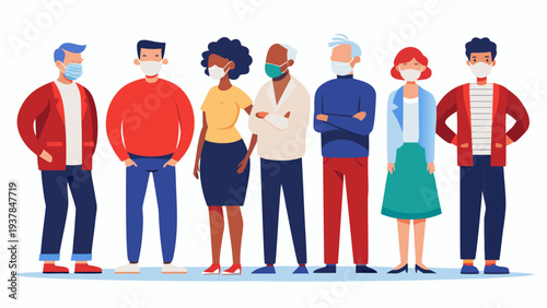 Multi-generational characters in face masks following safety protocols.eps