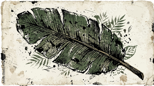 Green banana leaf illustration with vintage paper texture