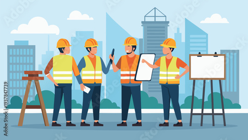 Occupational Health and Safety Concept with Foreman Presenting Toolbox Talk to Industrial Team.eps