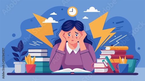 Overwhelmed Female Student Suffering from Academic Burnout and Exam Stress.eps