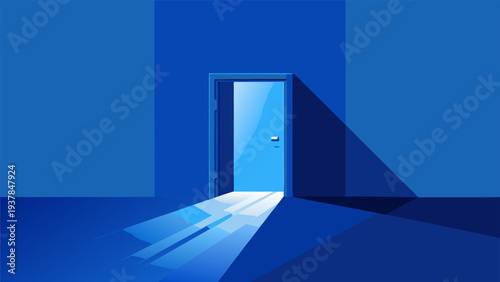 Open door in blue room with bright light glowing from doorway, concept of hope and future..eps